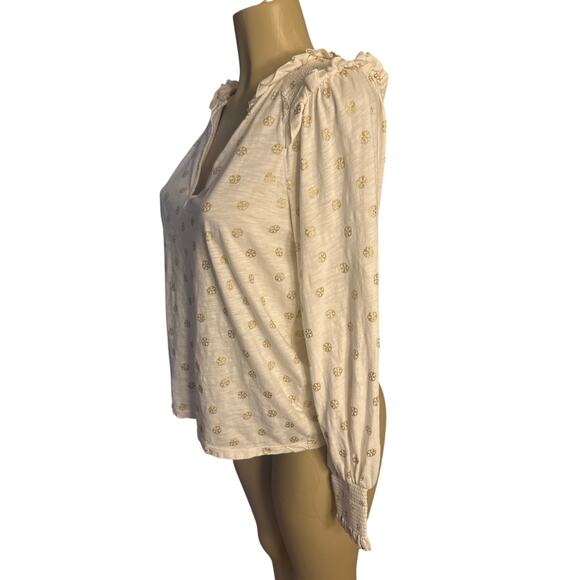 Women 8 Boden T1034 Notch Neck Smocked Frill Top Cream Gold Print Blouse Shirt - Picture 3 of 6